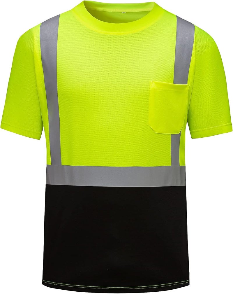 DPSAFETY High Visibility Shirts Quick Dry Safety T Shirts with Reflective Strips and Pocket Short Sleeve Mesh Hi Vis Construction Work Class 2 Shirt for Men/Women Black Bottom Lime,Medium - Image 1